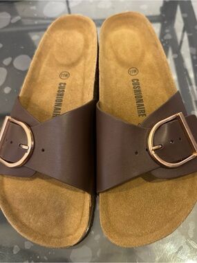 Brown Cushionaire Women's Slide Sandals with Buckle